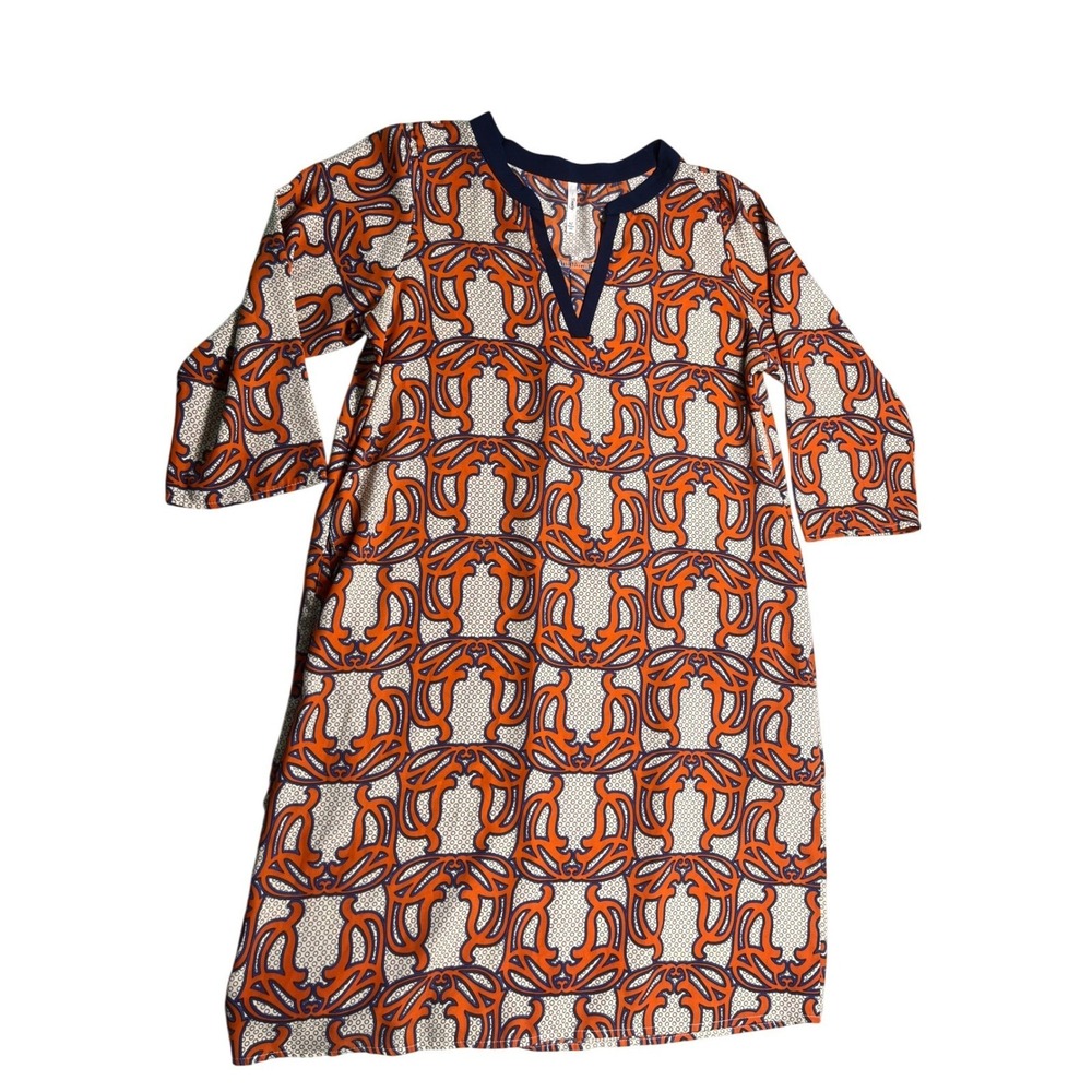 Trinity Dress Womens XS Orange Navy Geometric Print Shift Mini Made in USA